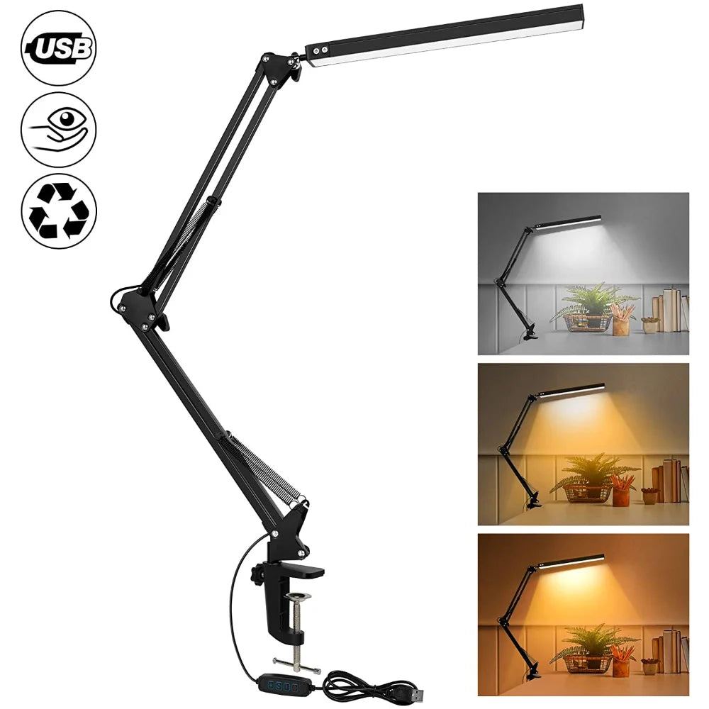 10W LED Desk Lamp with Clamp Dimmable Swing Arm 3 Modes USB Office Light